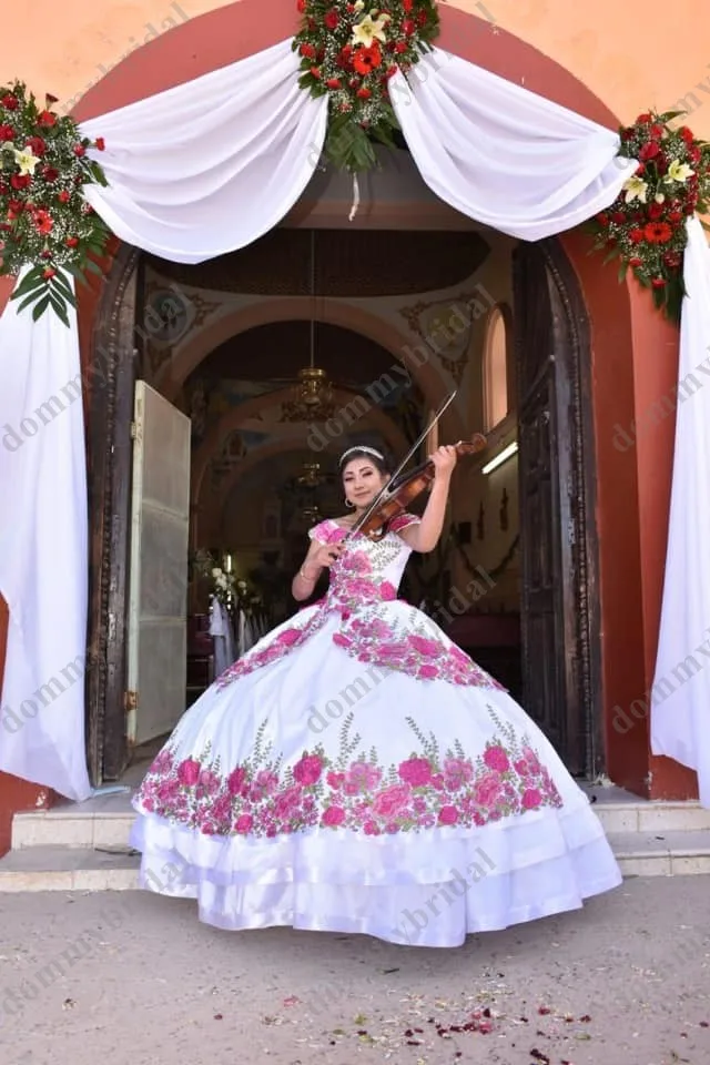 Incrível fúcsia 3d floral flores vestido de baile branco 2023 barato quinceanera vestido com tampa manga espartilho cocktail vestidos de noite