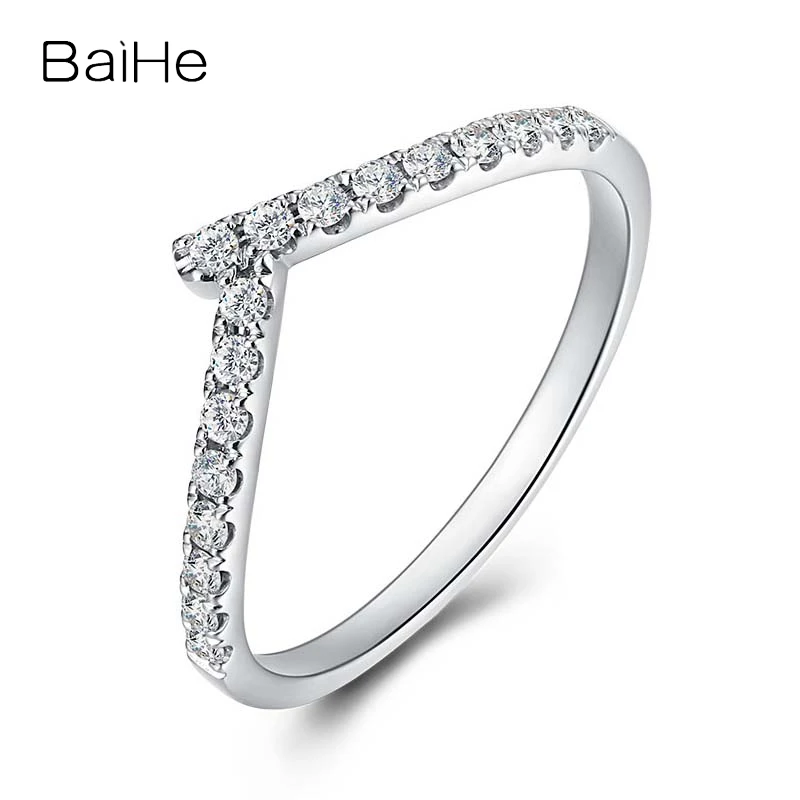 BAIHE Solid 18K White Gold 0.20ct H/SI Natural Diamond V Ring Women Men Trendy Fine Jewelry Making خاتم من الماس inel cu diamant