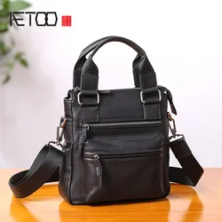 Aetoo bolsa masculina de couro, bolsa pequena diagonal de ombro casual empresarial com vertical