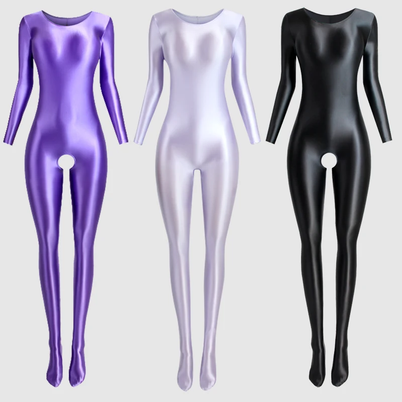 Sexy men Plus size Long sleeve Shapewear Pantyhose women Jumpsuit Silky Shiny One-piece swimsuit Tights Oily Rompers Bodysuit