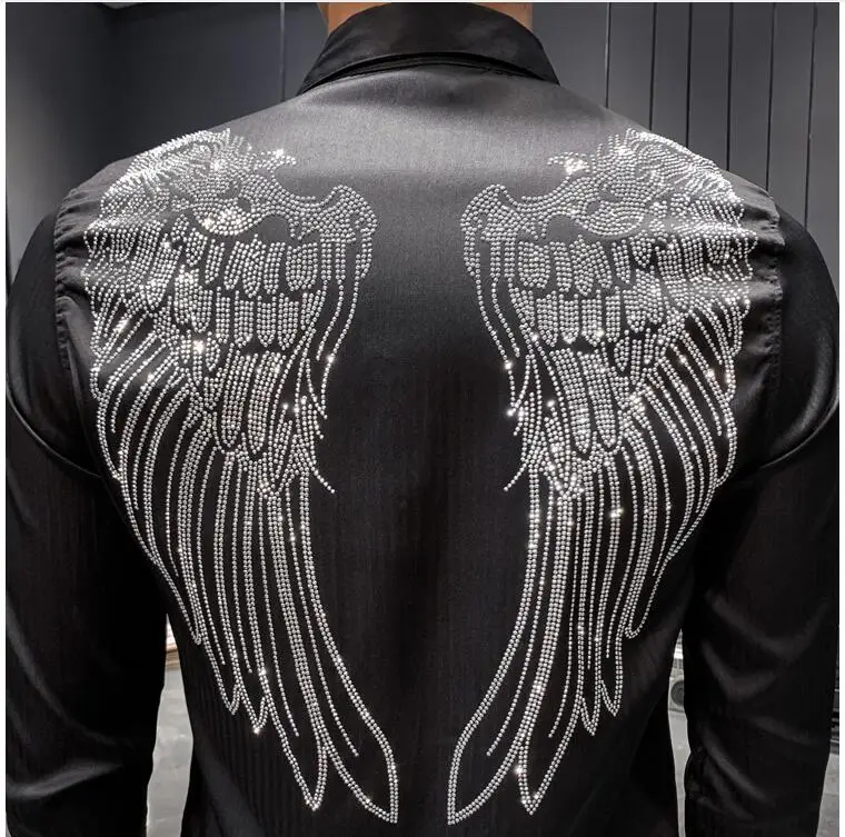 Autumn Men long shirt Hip Hop shirt 2020 New Male Trousers Mens Solid Hot drill shirt Rhinestones Fit