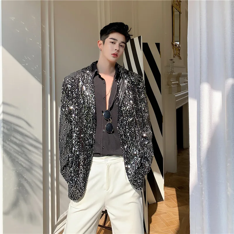 Tide Men Fashion Sequin Blazer Glitter Black Sequins Casual Loose Coat Evening Party Nightclub Male Singer Performance Overcoat