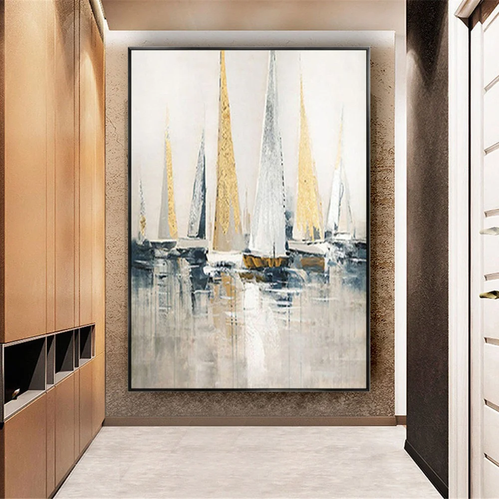 

100% Hand-Painted Canvas Oil Painting Gold Silver Sailboat Modern Abstract Home Decor Wall Art Picture For Living Room Porch