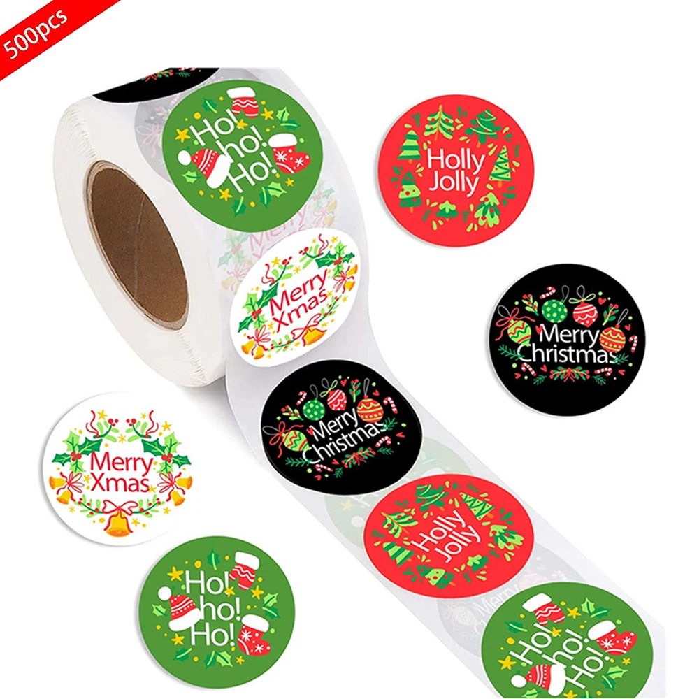 500Pcs/Roll Merry Christmas Stickers Round 1 Inch Scrapbooking Stationery Labels for Xmas Gifts Business Envelope Seal Packaging
