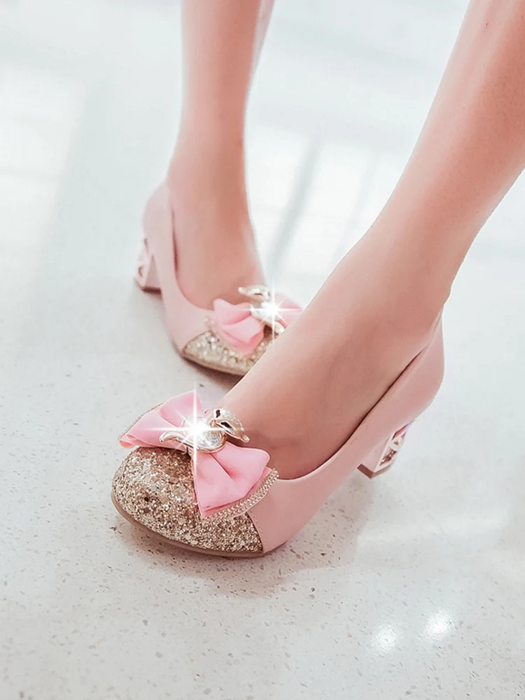 2022 Fashion Young Girls Crystal Heeled Shoes Bigger Girls Party Shoes 3-5cm Heeled Kid Bow-knot Paillette Shoes Pink Dance Shoe