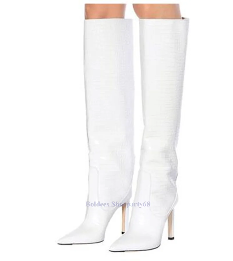 Green White Crocodile Printed Pattern Pointed Toe Sexy Thin Heeled Woman Knee High Boots Ladies Designer Long Botas Plus size 46