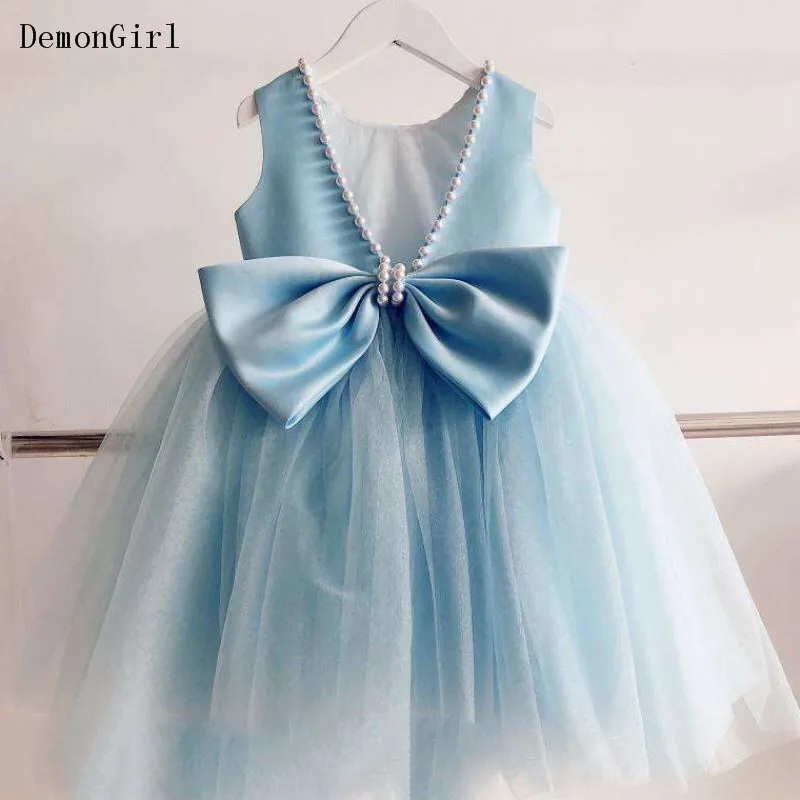 Branco tule pérolas bebê meninas vestido crianças roupas arco festa de aniversário vestido meninas baptismo princesa baptismo roupas de noite