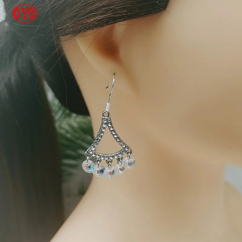 

925 temperament long fan-shaped crystal earrings