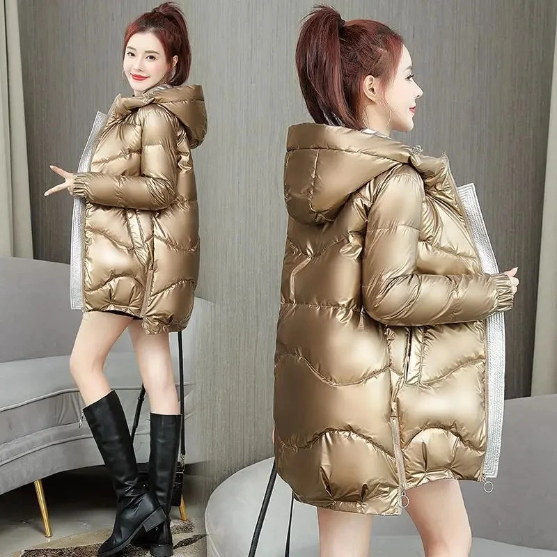 2023 New Winter Jacket Parkas Women Glossy Down Cotton Jacket Hooded Parka Warm Female Cotton Padded Jacket Casual Outwear P985