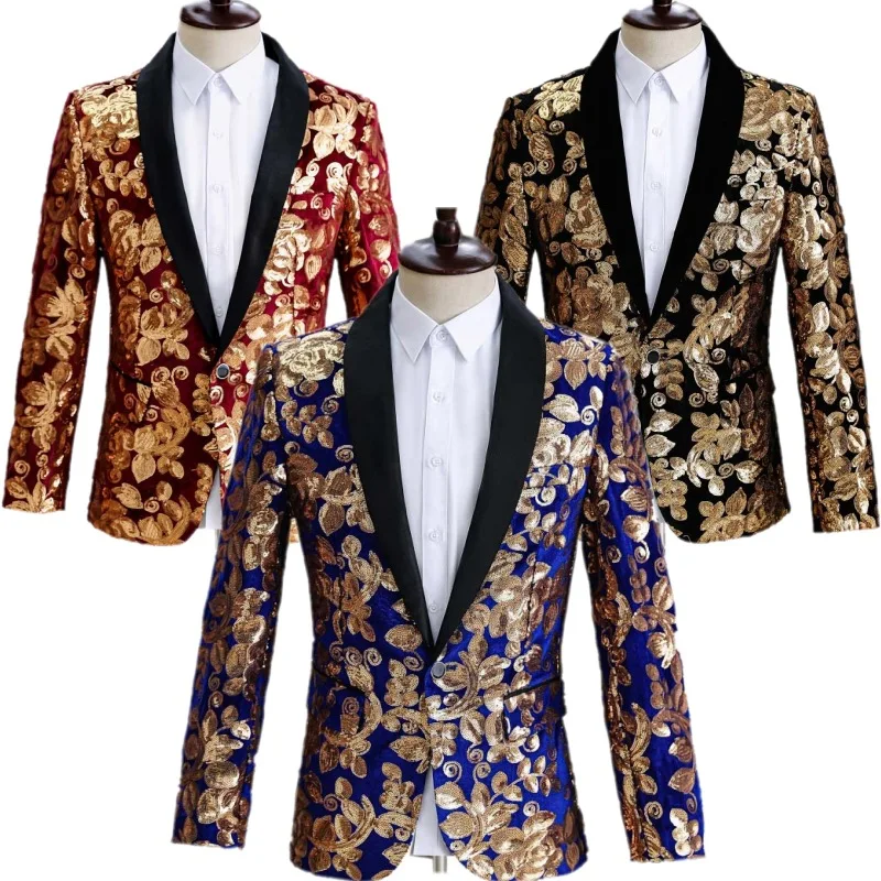 

2024 Men's Red Sapphire Blue Black Gray Velvet Printed Sequined Suit Jacket Stage Suit Party Host's Dress