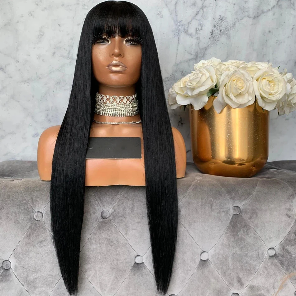 Silky Straight Jet Black Indian Remy Hair Lace Front Wigs for Women Full Lace Wigs with Bangs 180 Density Fringe Wigs