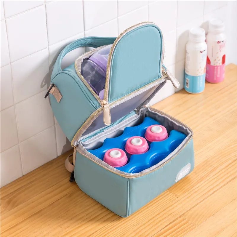 Insulation Bag Milk Storage Bag Solid Color Zipper Lunch Bag Double Layer Fresh Keeping Bag Baby Bottle Backpack Shoulder Bag