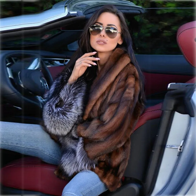 BFFUR Women Natural Mink Fur Jackets With Silver Fox Fur Sleeve Cuffs High Quality Winter Fshion Short Genuine Mink Fur Coats