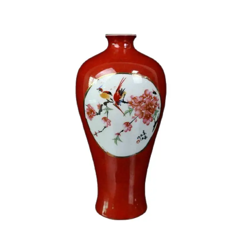 China Old Porcelain Red Glazed Pastel Flower And Bird Pattern Vase