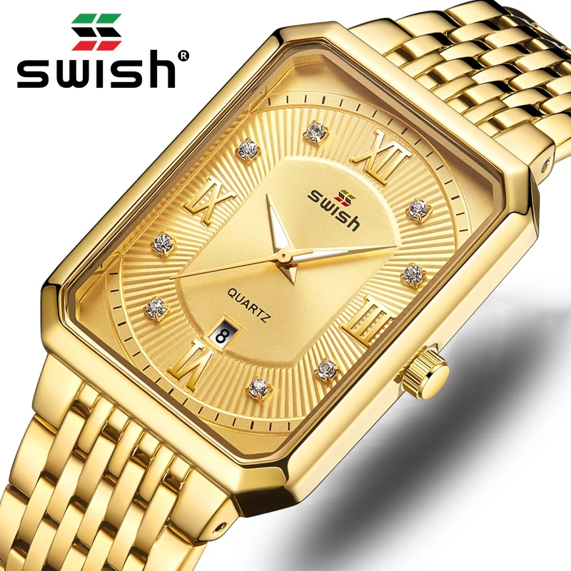 Golden Watches Men Top Brand Luxury Fashion Rectangle Quartz Wrist Watch Mens Waterproof Business Clock Steel Relogios Masculino