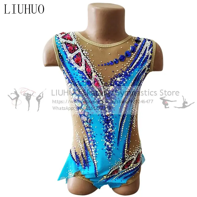 Custom Design Figure Skating Dress Blue Women's Girls Rhythmic Competition Unitard Ballet Dance Leotard Artistic Costume LIUHUO