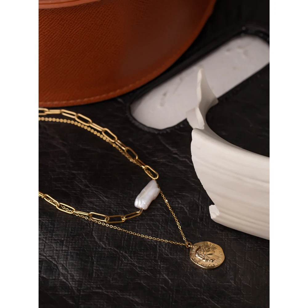 Yhpup New Stainless Steel Chain Layered Necklace Fashion Coin Portrait Necklace for Women Elegant Natural Pearl Jewelry Gift
