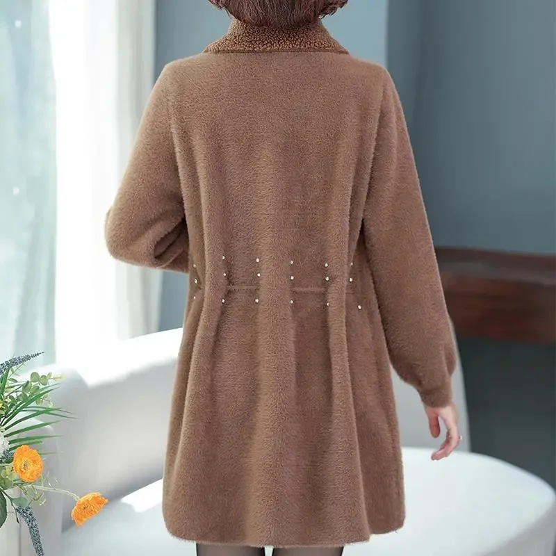 Women's Spring Autumn And Winter Clothes Long Mink Coat Middle-Aged Mother's Warm And Thick Woolen Coat Shirring Coat Female