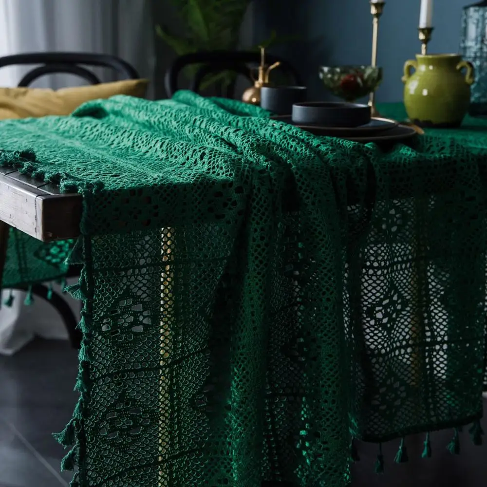 Green Openwork Table Cloth handmade knitting Tassel Cotton Tablecloth Dining Round Table Cover American country style Home Decor