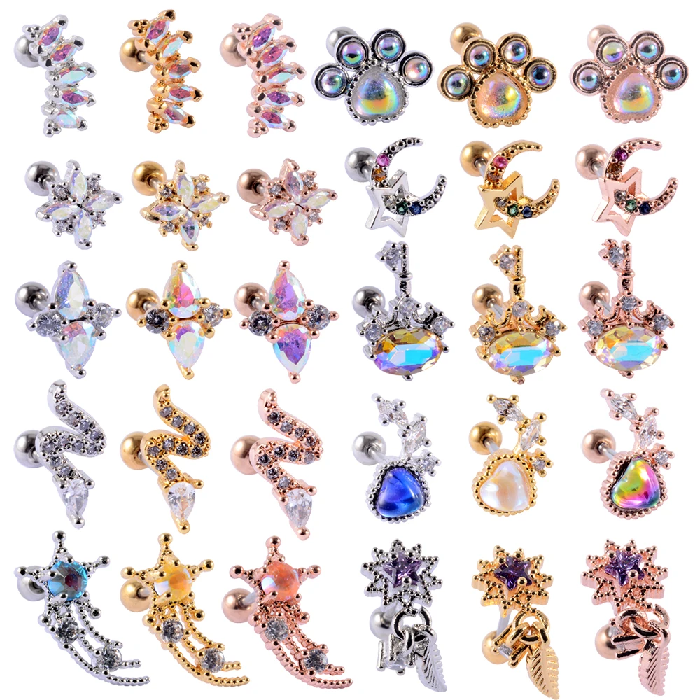 1PC Stainless Steel Barbell Cz Tragus Cartilage Earrings Multicolor Crystal Flower Cross Lobe Helix Earring Piercing 20G