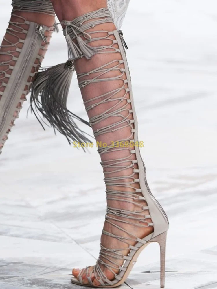 Tassel Hollow Open Toe Boots Stiletto High Heel Rome Runway Dress Women Summer Boots Round Toe Thin High Heel Back Zipper Shoes