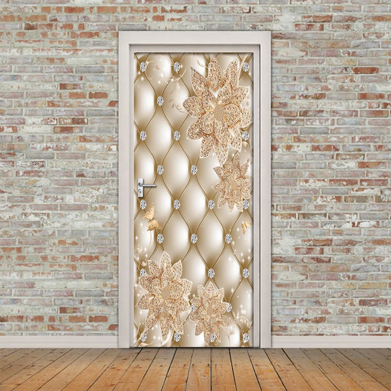 

3D Stereoscopic Golden Flowers Door Sticker Modern European Style Living Room Bedroom Door Decor Mural PVC Self-adhesive Decal