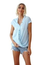 New Arrival kobiety koszulka Solid głębokie V Neck szyfonowa bluzka z guzikami rękaw w kształcie skrzydła nietoperza lato impreza na plaży kobiet Top biuro bluzka dla pań