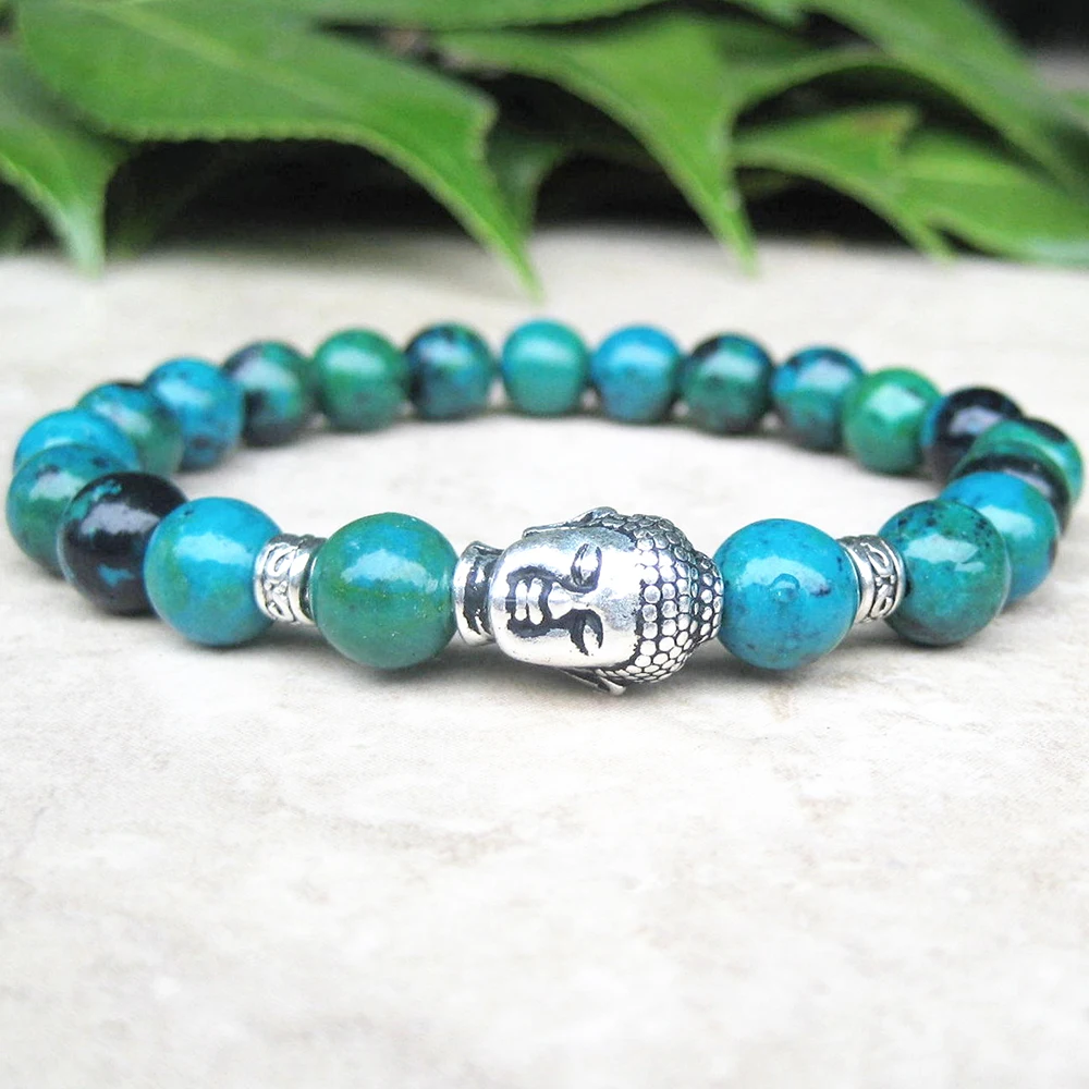 MG0733 8 mm Genuine Chrysocolla Yoga Bracelet Woman's Budda Bracelet Mala Stretch Energy Bracelet Spiritual Tibetan Jewelry