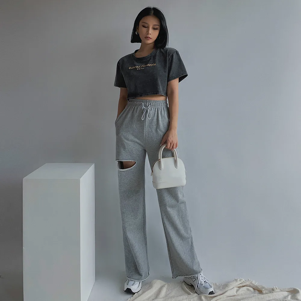 

Women Solid Color Wide Leg Pants Ripped Destroy Holes Casual High Waist Long Straight Trousers Hip Pop Pantalones Autumn Bottoms