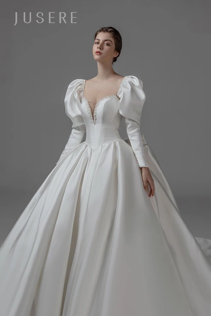 Jusere-Robe de Mariée en Satin Blanche avec Traîne Cathédrale, Épaules Dénudées, Robe de Bal, Gigot