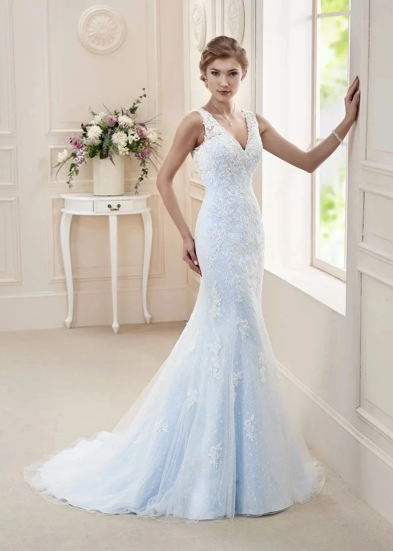 Vestido de novia de encaje azul, vestido de novia largo de sirena con acento colorido 2021