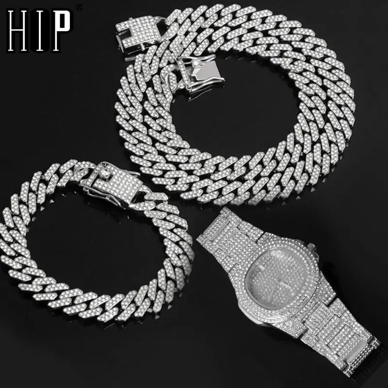 

HIP 12MM Prong Necklace +Watch+Bracelet Hip Hop Prong Cuban Chain Iced Out Paved Rhinestones CZ Bling For Men Jewelry