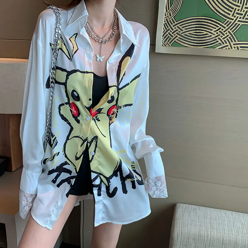 Loose Streetwear Women Spring Summer Long Shirts Blouses Cartoon Letters Printing blousa femininas Maxi Casual Tops Kimono NS453