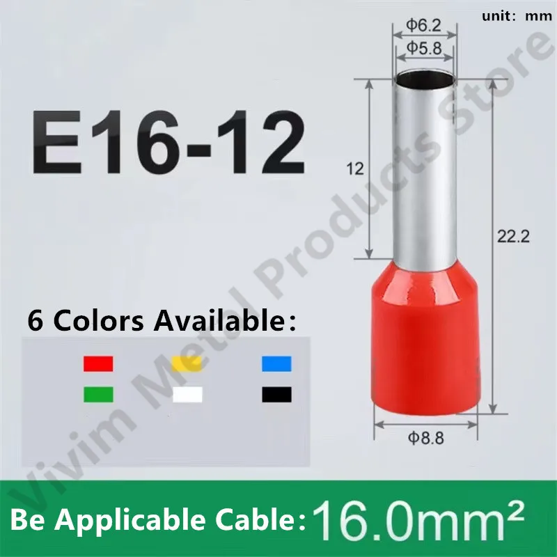 100pcs/Pack E16-12 Insulated Ferrules Terminal Block Cord End Wire 6AWG Connector Electrical Crimp Terminator 16mm²