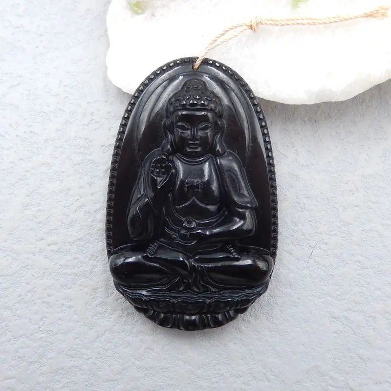 

Semiprecious Stone Carved Buddha Obsidian Necklace Pendant Bead 59x38x10mm 31.6g Trendy Jewelry Accessory