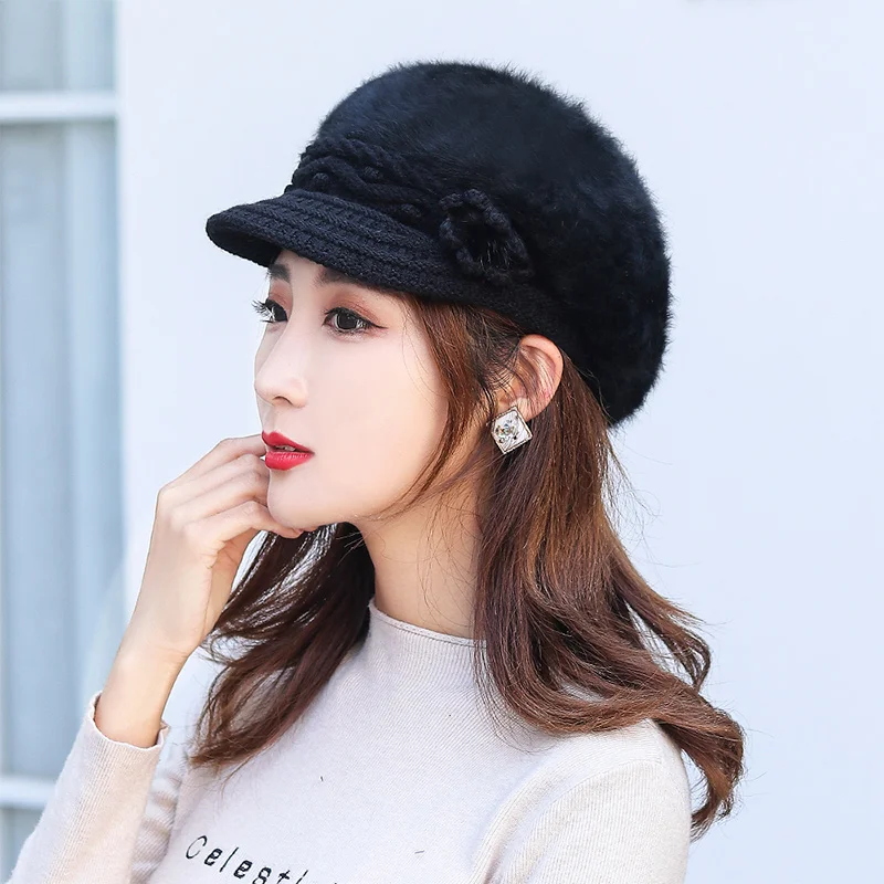 D&T 2022 New Fashion Hat Beret Women Knitted Warm Flower Decoration Sun Protection Winter Elegant Solid Color Hairy Wool Hat