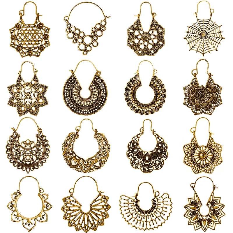 Vintage Gold Silver Color Metal Dangle Hollow Earrings for Women Geometric Carved Ethnic Earring Indian Jewellery Brinco