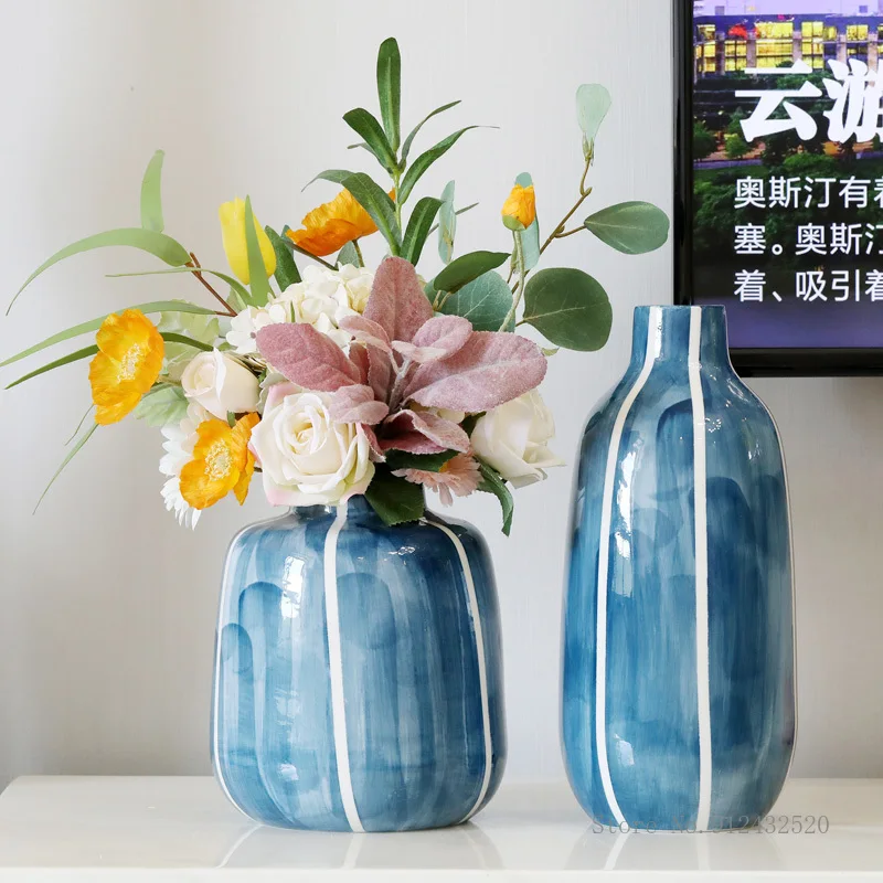 Creative Modern Gradient Blue Striped Ceramic Vase, Dried Flowers, Gardening, Home Decoration, Living Room Ornaments