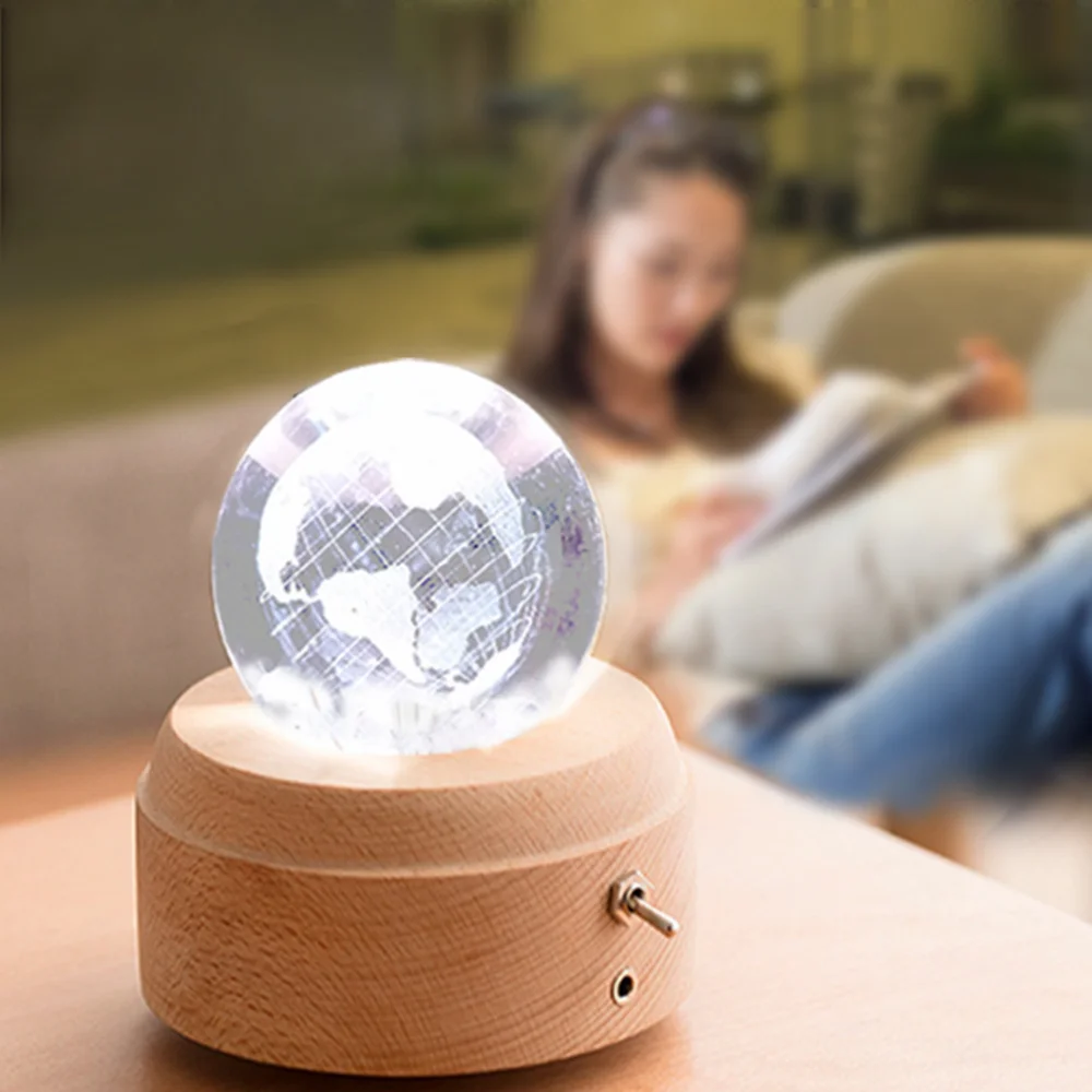 Wooden Rotating Music Box Led Lamp Night Lights for Bedroom Crystal Ball Light Switch Living Room Decoration Kawaii Decor Gifts