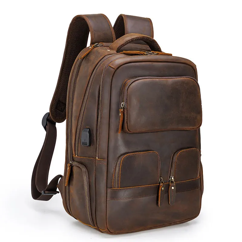 Double Layer Leather Backpack of men male large capacity travel bag men bagpack usb charging usb connector leather laptop bag