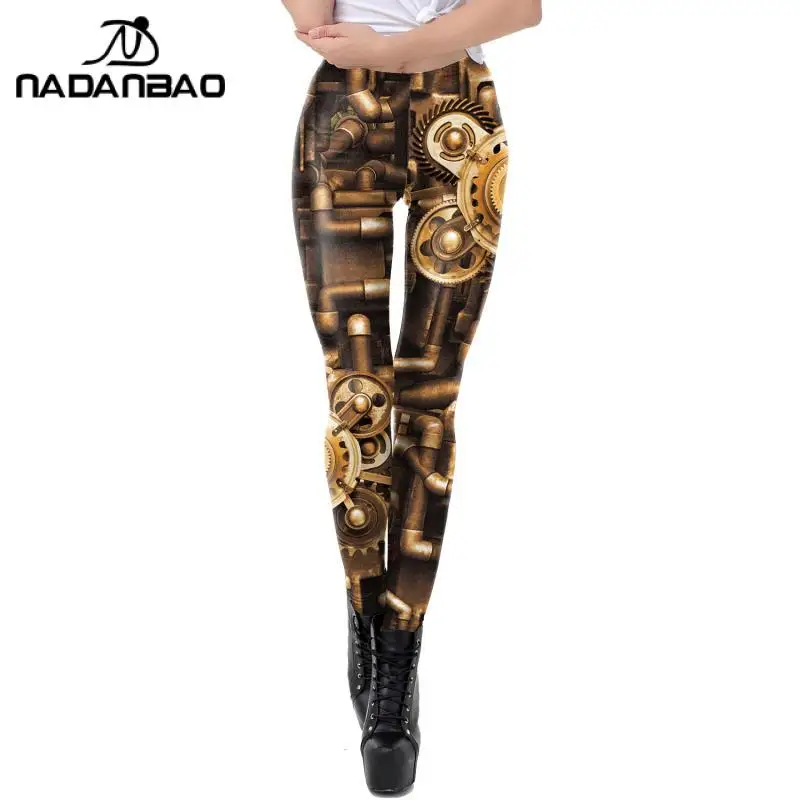 

NADANBAO Gold Metal Gear Punk Leggings Women Fashion Steampunk Machinery Printing Tights High Waist Push-Up Workout Pants S-XL