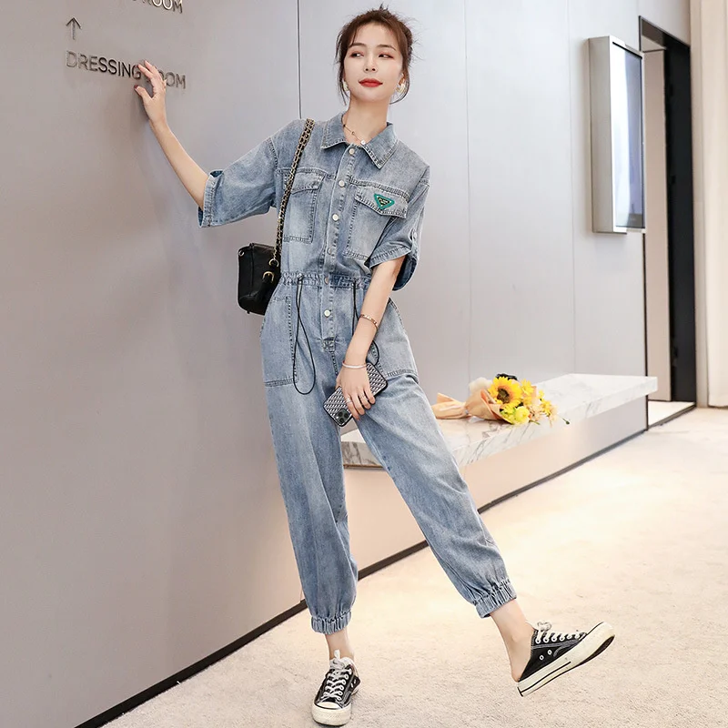 

Women Summer Casual Turn-down Collar Denim Jumpsuit OL Style Office Elastic Waist Overalls Single Breasted Half Sleeve Jumpsuits