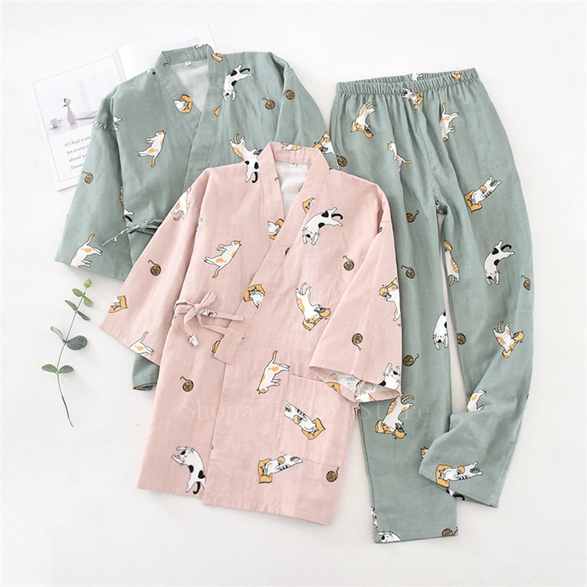 2PCS Japanese Lover Clothing Set Kawaii Cat Printed Kimono Yukata Steaming Wear Pajamas Man Woman Bathrobe Nightgown Japan