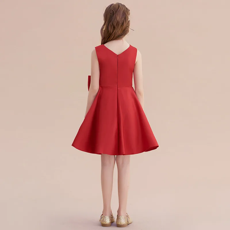 Robe de soirée courte en satin rouge personnalisée pour filles, robe de princesse à fleurs mignonnes, robe de fête d'anniversaire pour enfants junior