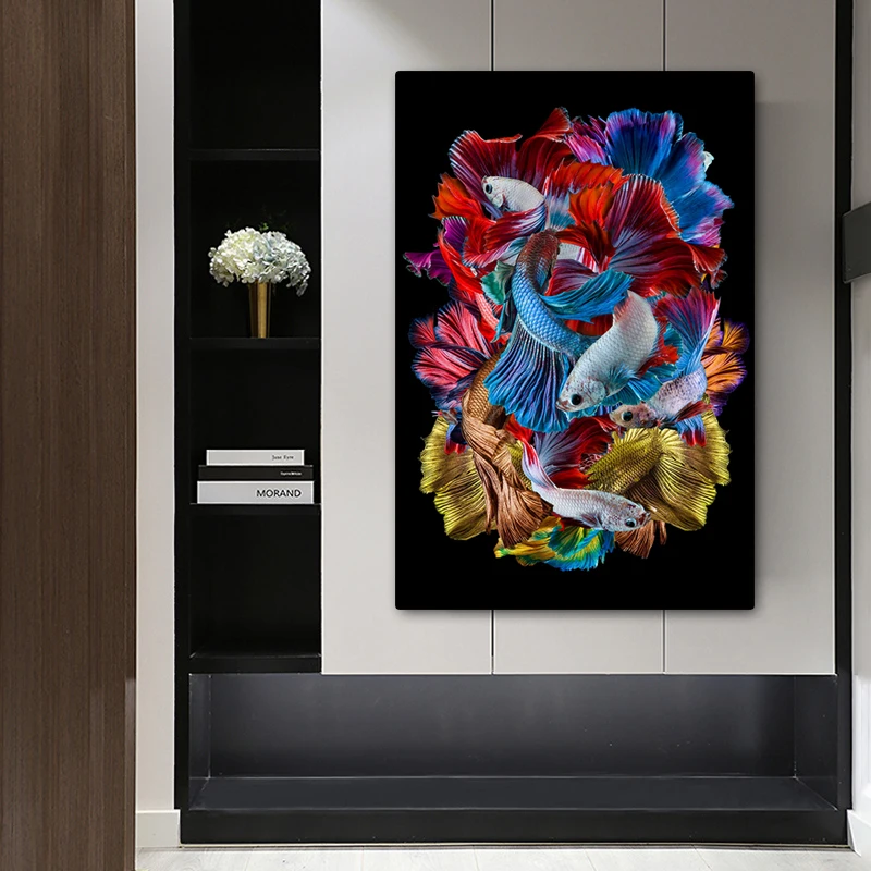 Posters and Prints Nordic Painted Fish Wall Art Canvas Black Oil Painting Abstract Animal Living Room Wall Picture Art Decor