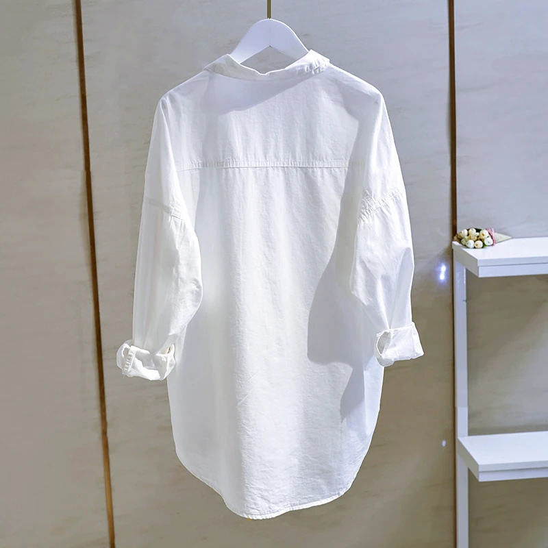 Oversize Shirts Womens 2021 Korean Fashionable Double Pocket Long Sleeve Cotton White Tops Female Boy Friend Style Trend Blouse