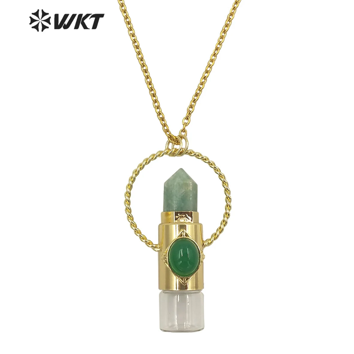 

WT-N1308 Wholesale newest fashion gold electroplated natural spirit quartz stone perfume bottle necklace Roller Glass bottle