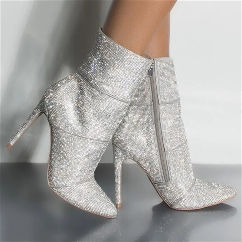 

Ladies Pointed Toe Bling Bling Rhinestone Ankle Boots Stiletto Heel Short Boots Silver Crystal High Heel Booties Wedding Heels