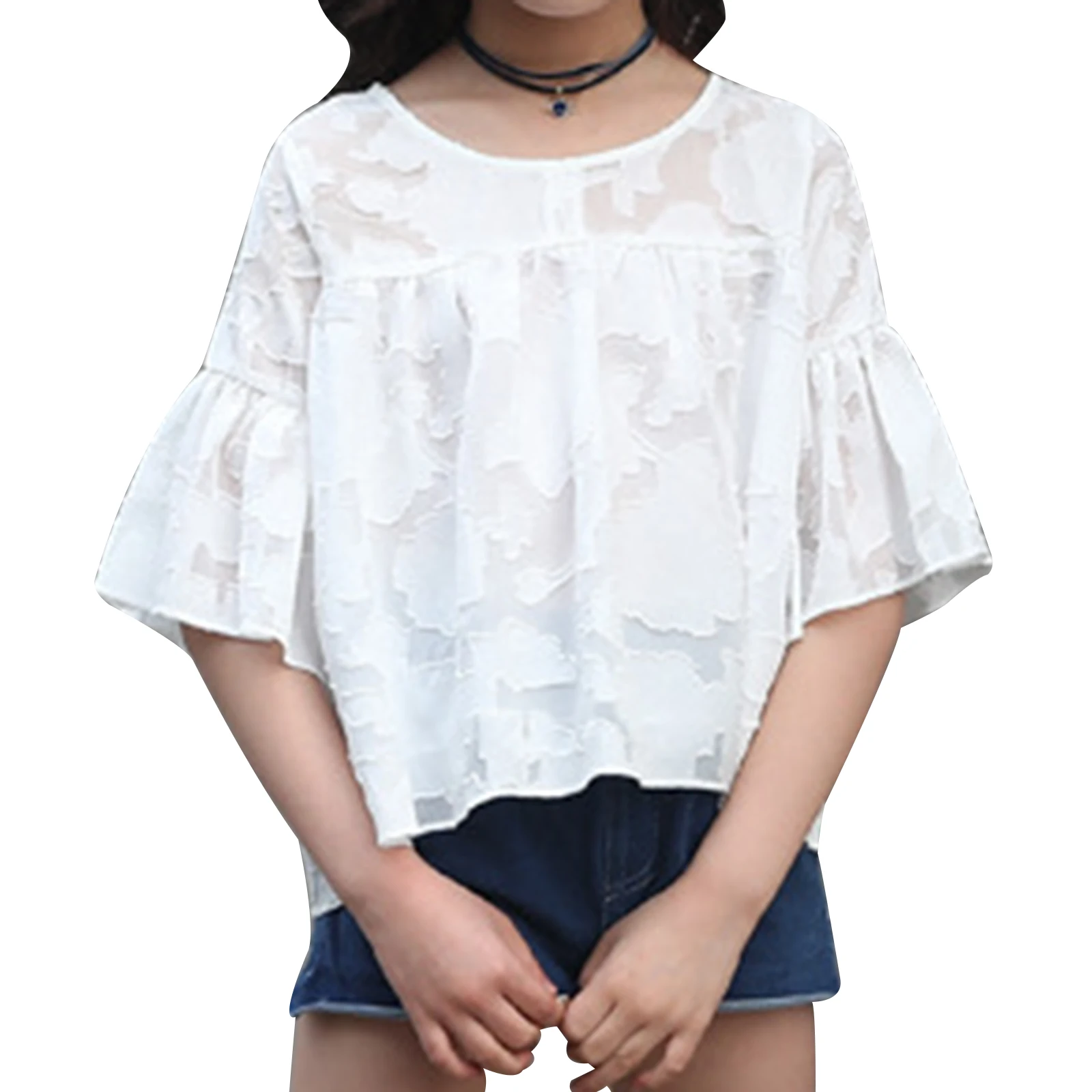 

Summer Child Girls Clothing Sets Short Sleeve Lace T-shirt Tops + Jeans Denim Shorts 2Pcs Kids Suit Teenage Fashion Streetwear