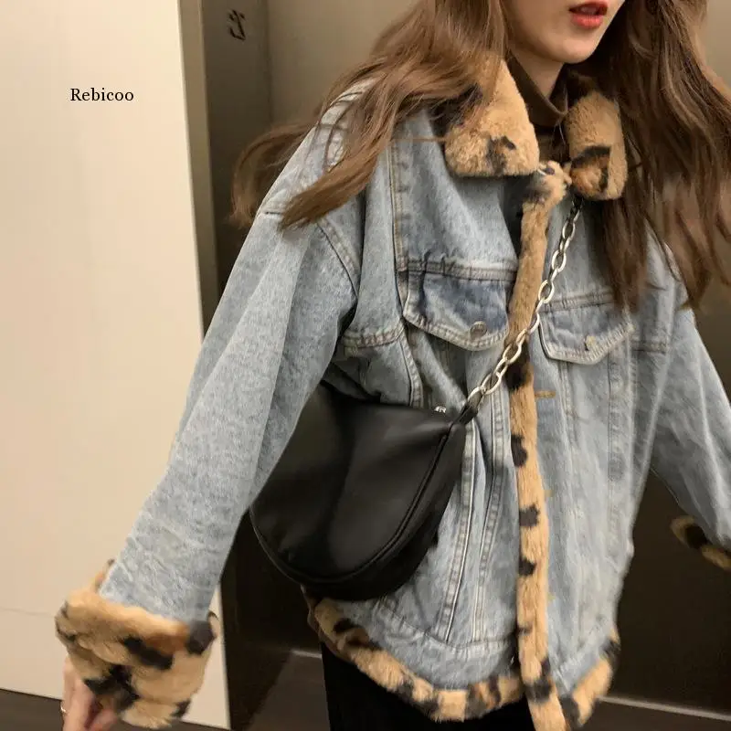 Jaqueta jeans feminina de leopardo, casaco vintage preto para primavera estilo harajuku punk